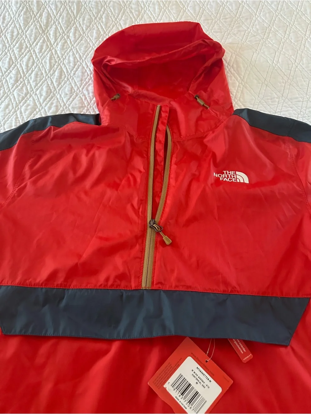 The North Face Red Hooded Pullover Windbreaker with Contrast Zipper